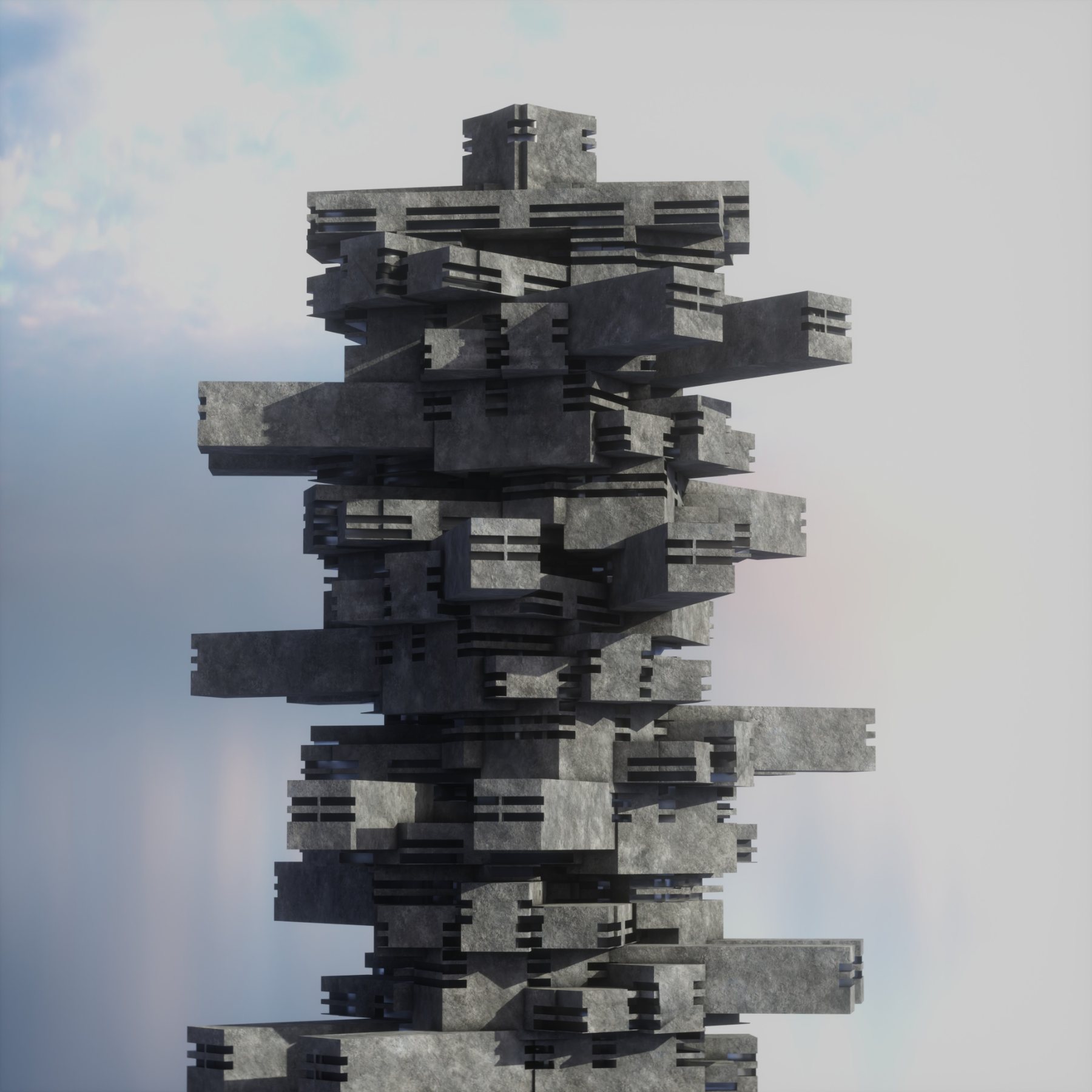 Brutalist tower of stacked concrete blocks against a hazy sky, procedural architecture made in Houdini and Octane.