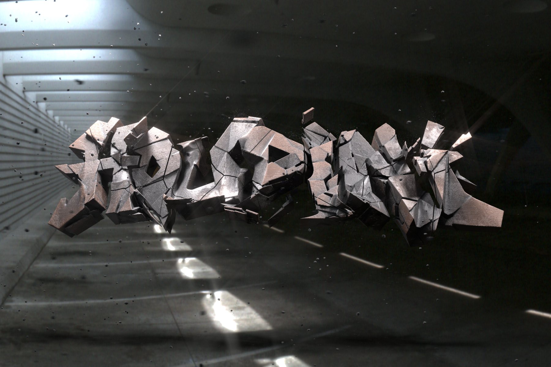 Graffiti lettering breaking into metal fragments inside a concrete tunnel, rendered with Houdini and Octane.