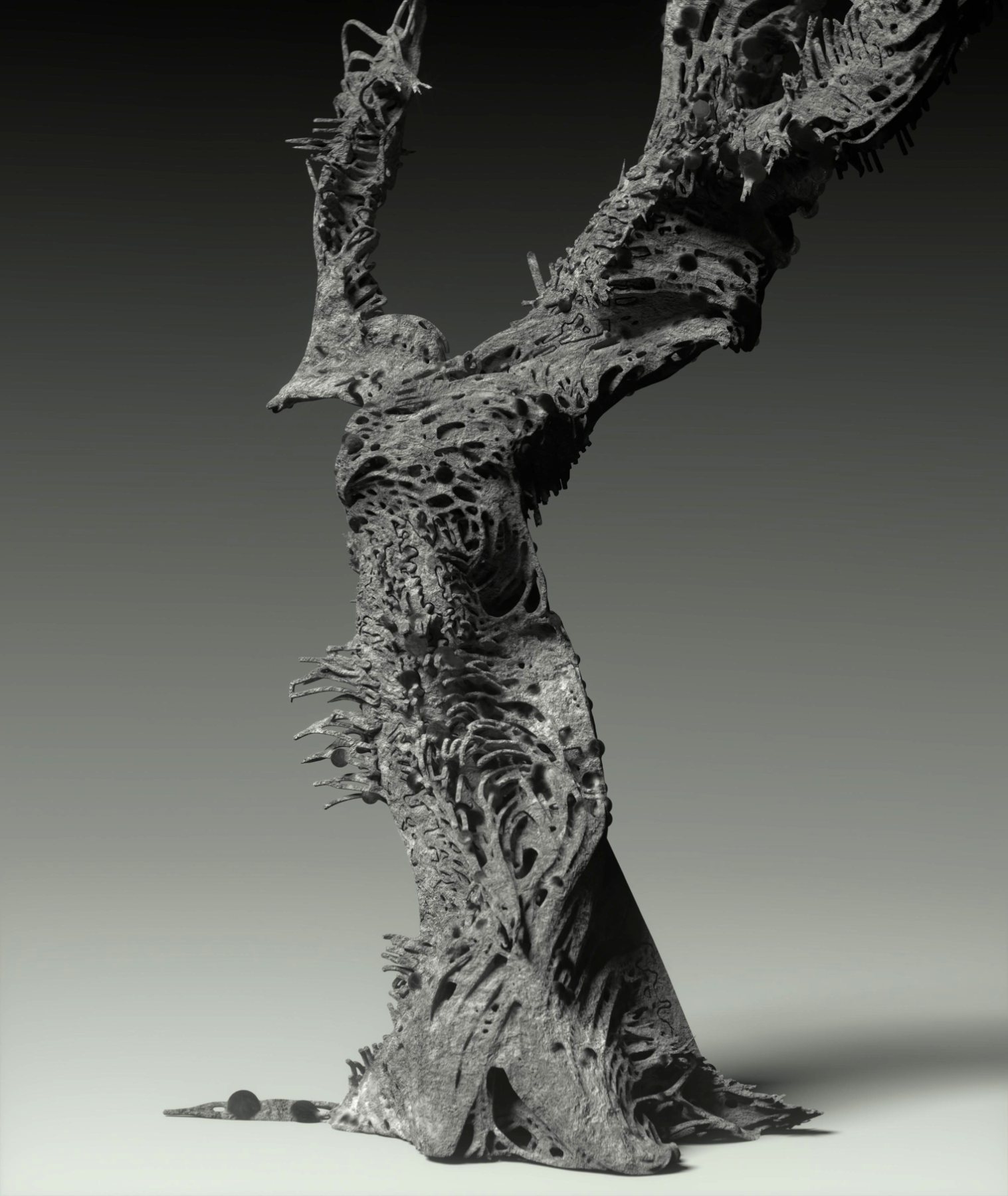 Eroded organic sculpture shaped like a twisted tree trunk, a procedural Houdini model rendered in Octane.